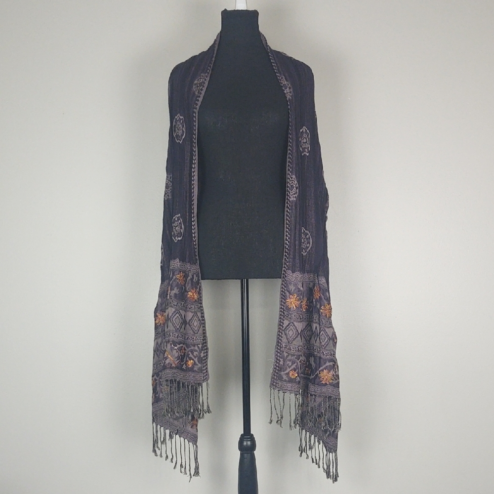 Retro Boho Wool Blend Embroidered Shawl Scarf Purple Fringed Reversible